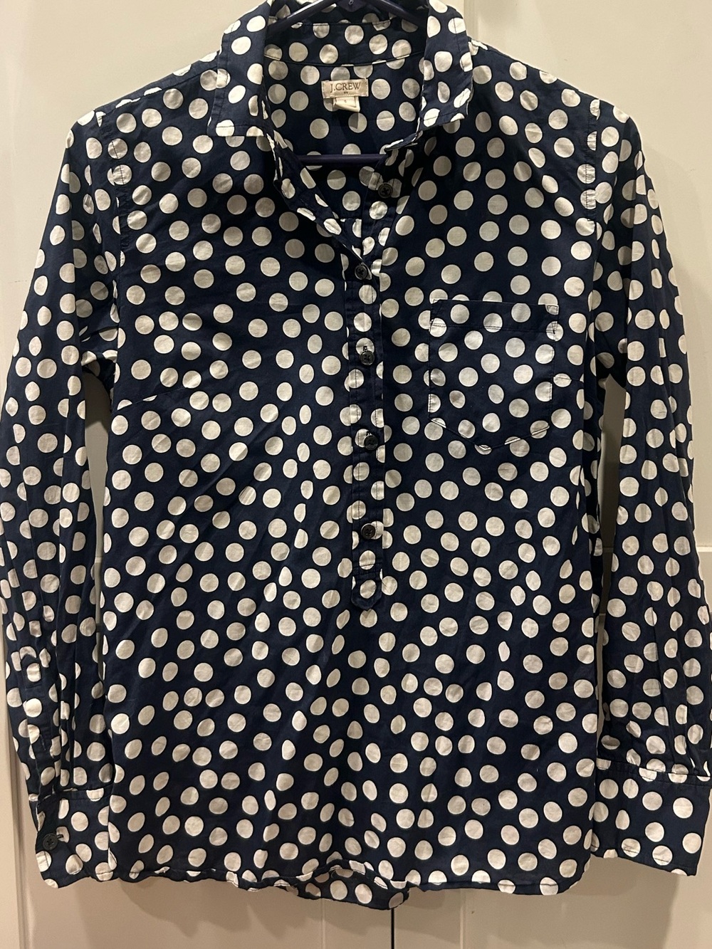 J Crew factory printed popover - navy polka dot cotton